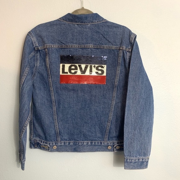 Levi's Original Sequin Trucker Jean Jacket Denim Blue Red Size Small - Picture 12 of 16